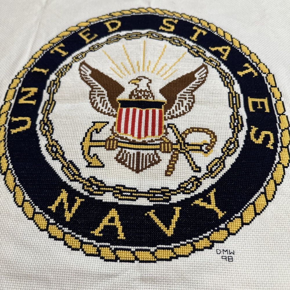 United States Navy Cross Stitched Pillow emblem 13.5‎ X 13.5